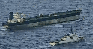 The seized shadow fleet tanker Bella 1 (Marinera) under U.S. Coast Guard control in the North Atlantic (USCG)