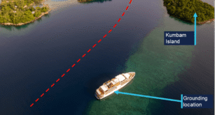 Coral Adventurer's grounding location and planned trackline, red (ATSB)