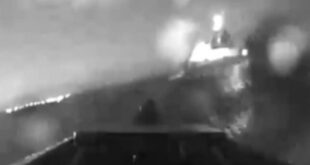 A drone boat homes in on a Russian patrol vessel (Courtesy Ukrainian Navy)