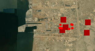 Infrared signatures at the Jazan plant from Monday (bright red) and Tuesday (dark red) (NASA FIRMS)