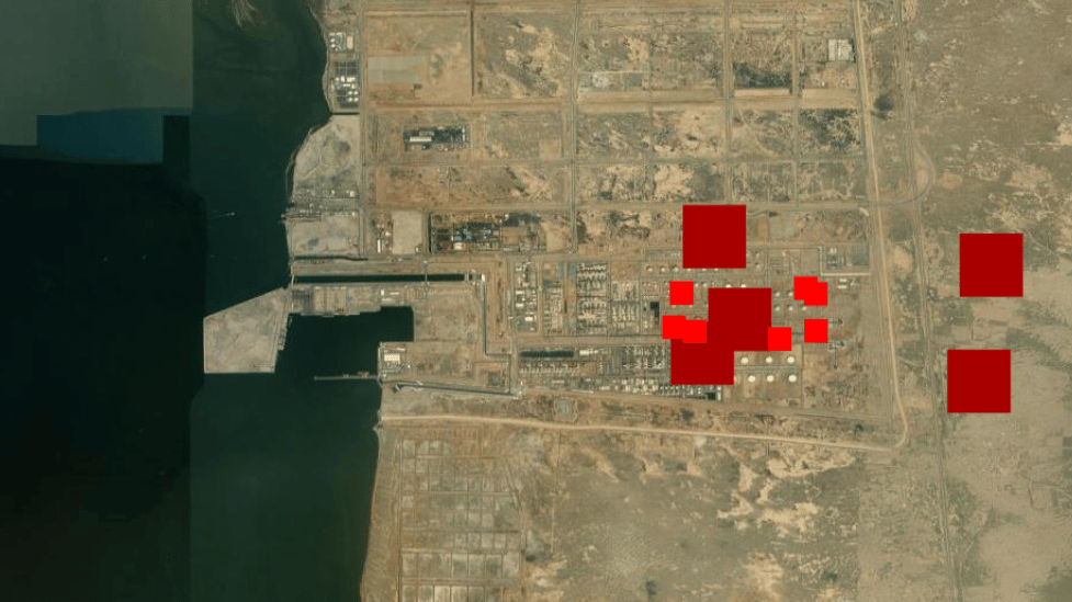 1788902291_6aa07b936ed82 Infrared signatures at the Jazan plant from Monday (bright red) and Tuesday (dark red) (NASA FIRMS)