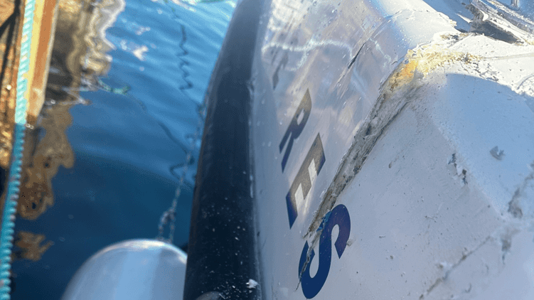 rescue-nsw-boat-damage-2026 The collision caused extensive hull damage above the waterline (Marine Rescue NSW)