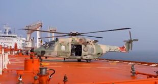 An Omani Air Force helicopter lands aboard On Peace to medevac injured seafarers (Oman MOD)