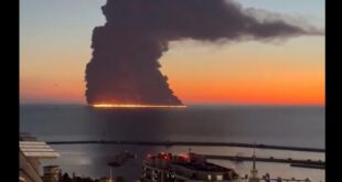 Spreading, burning pool of oil from a tanker off the coast of Sochi, Oct. 6 (Russian social media)