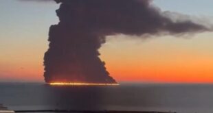 A burning slick spreads from the tanker Aframax Rio off Sochi, Oct. 6. The fire has since been extinguished  (Russian social media)